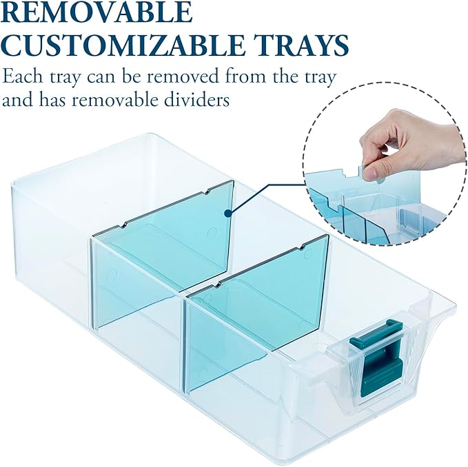 MyGift 11 Inch Clear Arts and Crafts Stackable Container, Sewing Supplies Storage Organizer Case with Blue Accents, 24 Customizable Compartments, and 6 Drawers with Removable Dividers