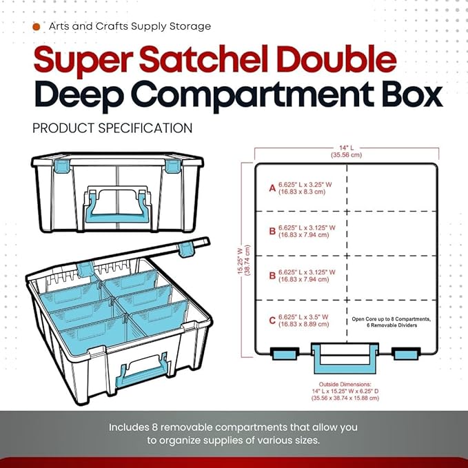 ArtBin 6990SA Super Satchel Double Deep Compartment Box - Art Storage with 8 Removable Compartments, Smart Closure for Craft Supplies (Clear & Aqua- Pack of 1)