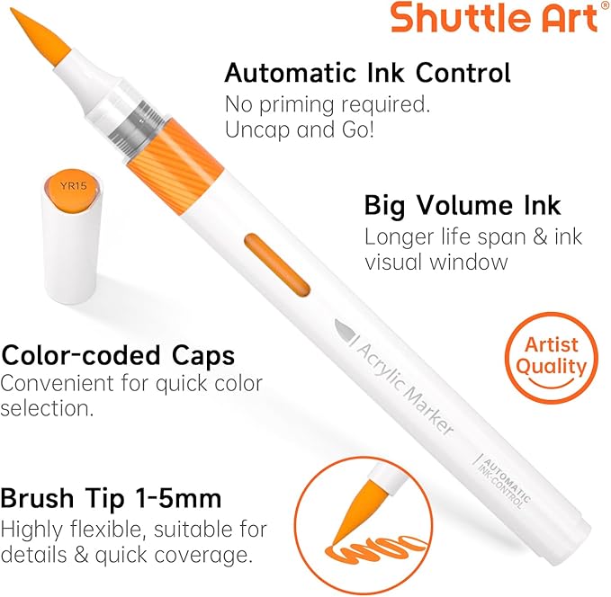 Shuttle Art Automatic Ink Control Acrylic Paint Markers, 60 Colors Brush Tip Acrylic Paint Pens for Rock Painting, Ceramic, Wood, Canvas, Glass, Stone, Fabric, Card Making, DIY Supplies, FlipFunAlong
