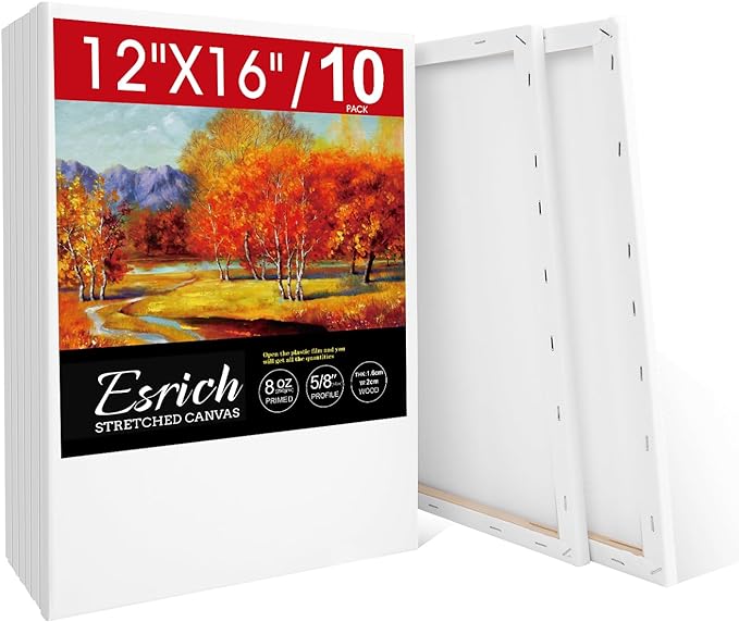 ESRICH Stretched Canvas for Painting 12x16 Inch, 10 Pack Blank Canvas -5/8 in Profile Primed Cotton White Canvases for Painting for Oil & Acrylic Paint