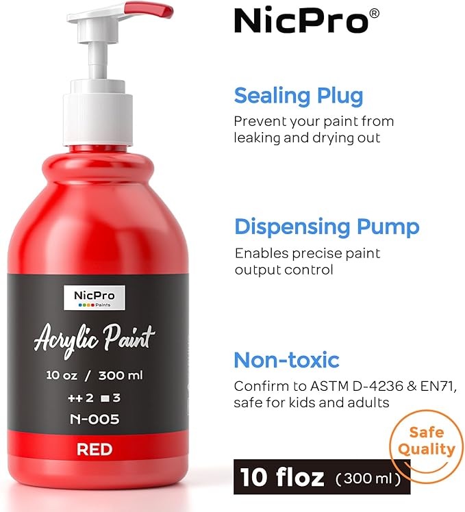 Nicpro 14 Colors Acrylic Paint Set (10oz/300ml), Large Bulk Acrylic Paints kits Rich Pigment Art Painting Supplies for Artists, Beginners, Adults on Rock Crafts Canvas, Wood, Ceramic with Pump