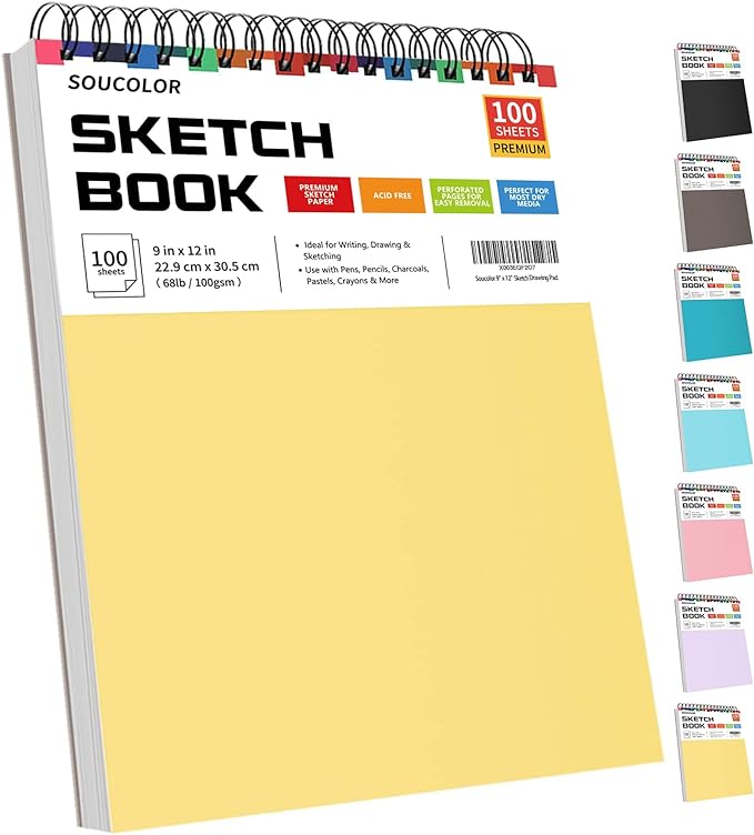 College Graduation Gifts, Nursing Student Essentials, Teacher Appreciation Gifts, Soucolor 9" x 12" Yellow Sketch Book, 1-Pack 100 Sheets Spiral Bound Drawing Paper
