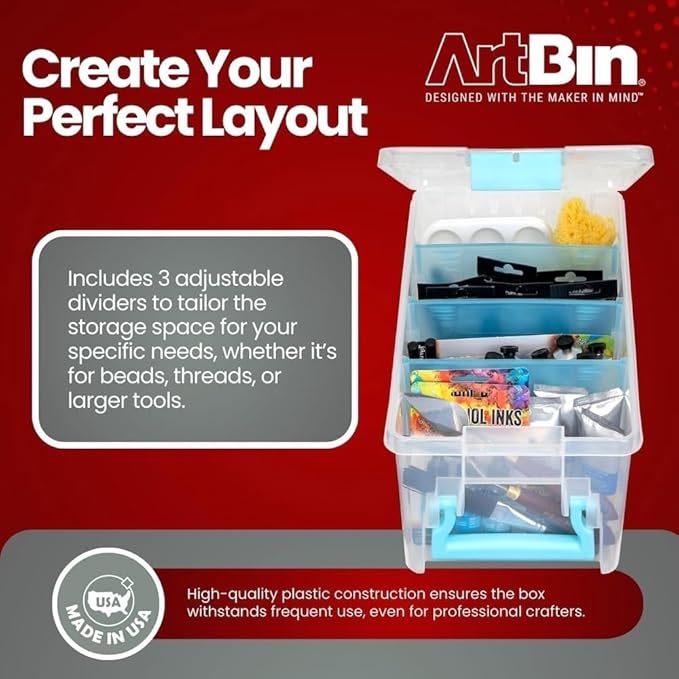 ArtBin 6925AA Semi Satchel with Removable Dividers, Portable Art & Craft Organizer with Handle, [1] Plastic Storage Case, Clear with Aqua Accents