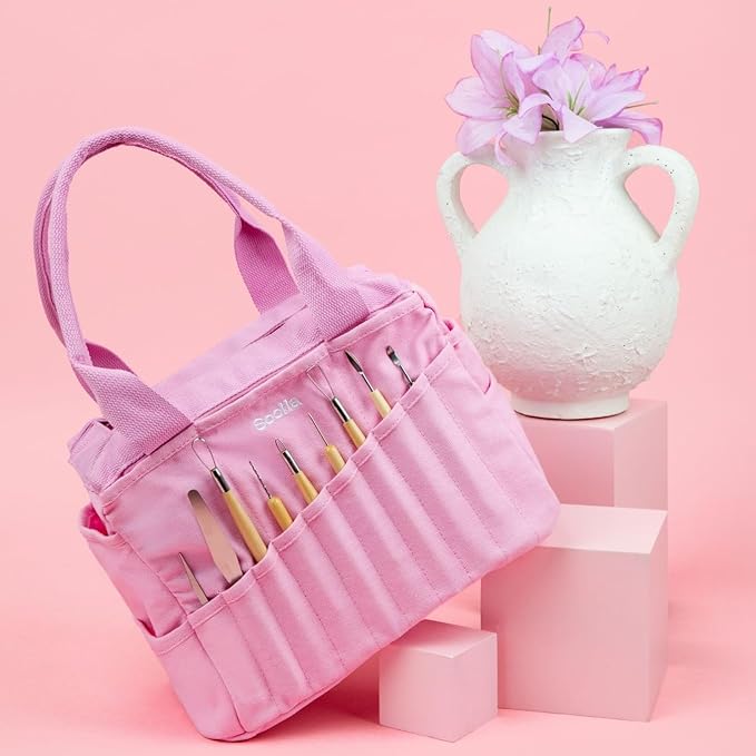 Soolla Studio Bag: Craft Organizer & Pottery Tool Bag, Washable Art Supply Tote, Knitting Yarn, Crochet Projects, 30 Pockets, 20+ Canvas Colors, Artist Gift for Adults (Flirty Flamingo)
