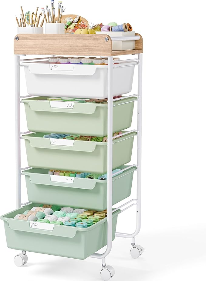 Utility Cart with Drawers,Craft Cart with 5 Drawers,Art Supply Organizer,Rolling Drawer Cart,Craft Storage Cart,Storage Drawer Carts With DIY Lable and Wooden Tabletop Area,Green