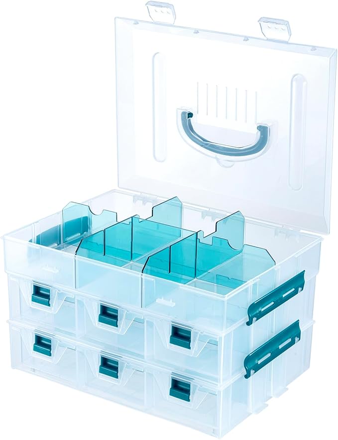 MyGift 11 Inch Clear Arts and Crafts Stackable Container, Sewing Supplies Storage Organizer Case with Blue Accents, 24 Customizable Compartments, and 6 Drawers with Removable Dividers