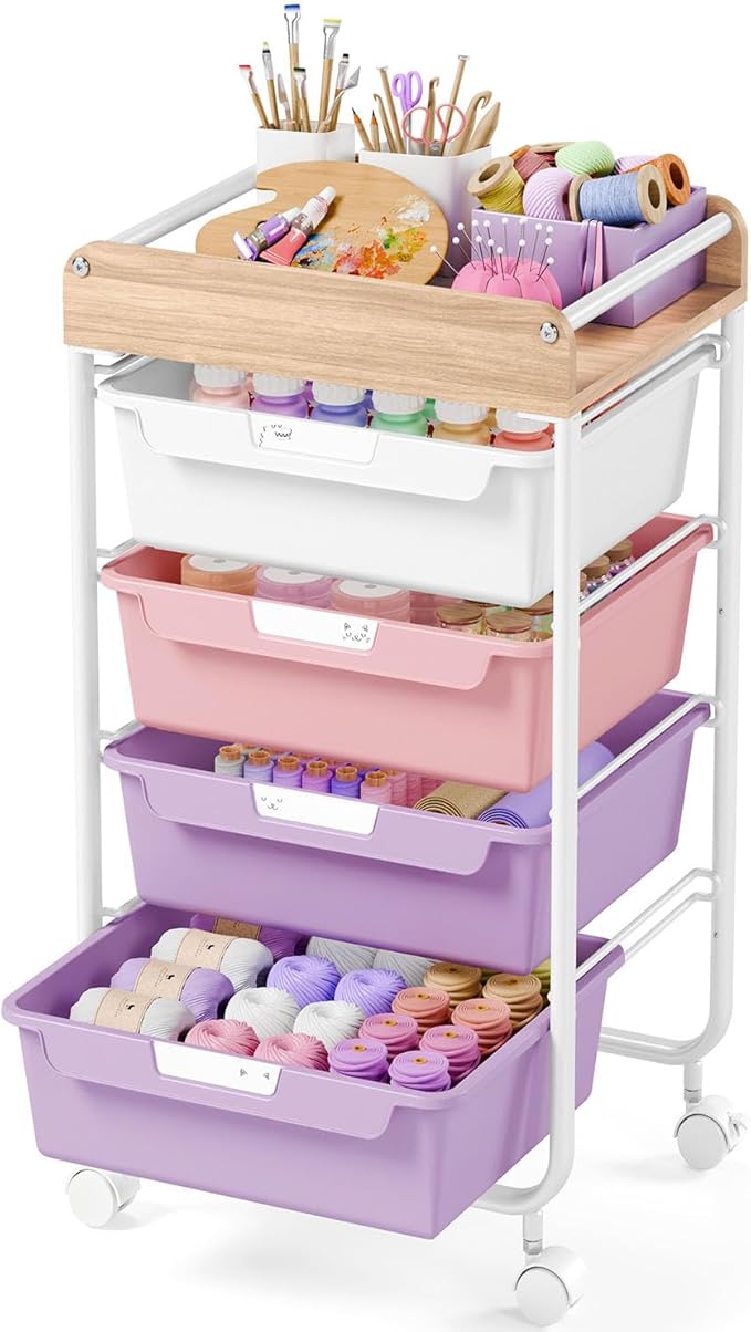 SYKIARIOL Rolling Craft Storage Cart with 4 Drawers,Utility Cart with Drawers,Art Craft Organizers and Storage,Kids Art Craft Cart With DIY Lable and Wooden Tabletop Area, Purple