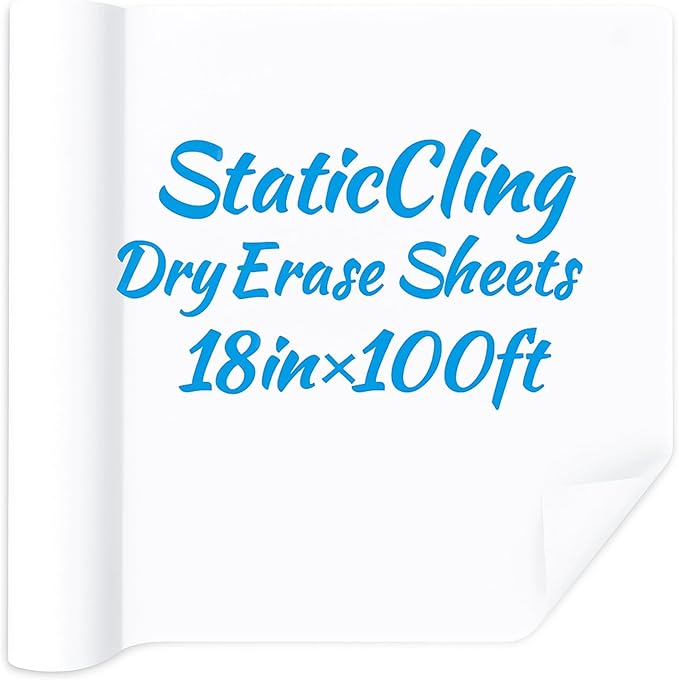 18in x 100ft Static Cling White Board Dry Erase Wallpaper Sticker, Removable Reusable Whiteboard Paper for Wall, No Adhesive No Residue, Stain-Proof White Board Dry Erase Roll for Office, Classroom