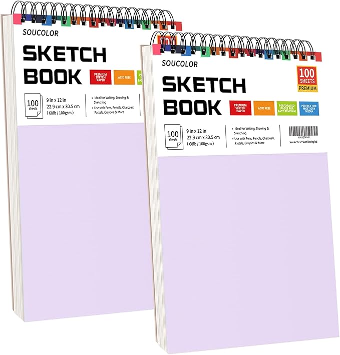 Soucolor 9" x 12" Sketch Book, Gifts for Women Morther, Birthday Gifts for Women, Thank You Gifts, Stocking Stuffers, 2 Packs 100-Sheets Each (68lb/100gsm) Drawing Pad