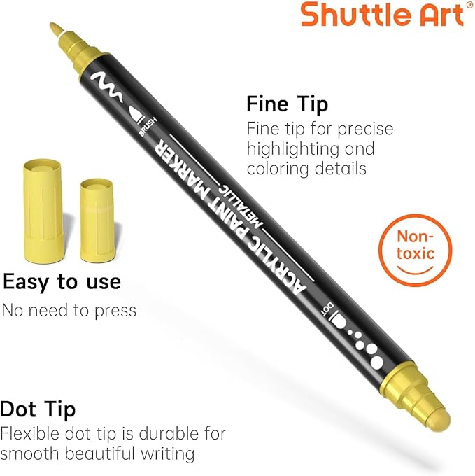 Shuttle Art 28 Metallic Colors Dual Tip Acrylic Paint Markers, Dot Tip and Fine Tip Acrylic Paint Pens for Rock, Ceramic, Wood, Canvas, Plastic, Glass, Stone, Calligraphy, Card Making, DIY Crafts