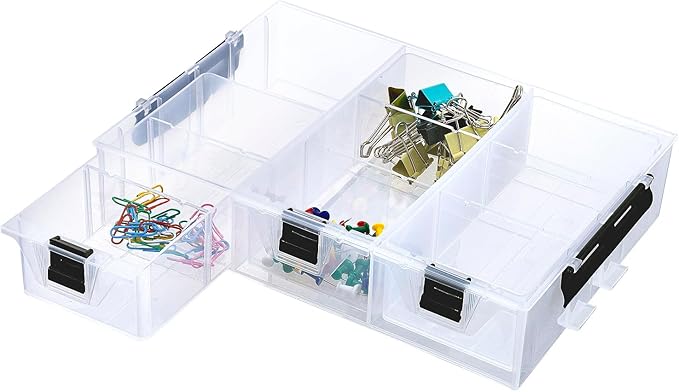 MyGift Single Add-on Tray for 11 Inch Clear Arts and Crafts Stackable Storage Box, Sewing Supplies Storage Organizer Case Accessory Optional Tray with Black Accents, 3 Drawers and Removable Dividers