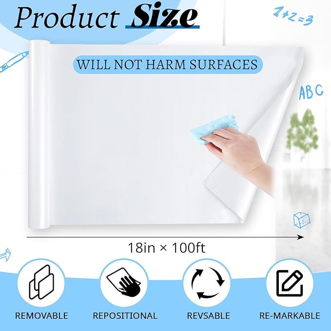 18in x 100ft Static Cling White Board Dry Erase Wallpaper Sticker, Removable Reusable Whiteboard Paper for Wall, No Adhesive No Residue, Stain-Proof White Board Dry Erase Roll for Office, Classroom