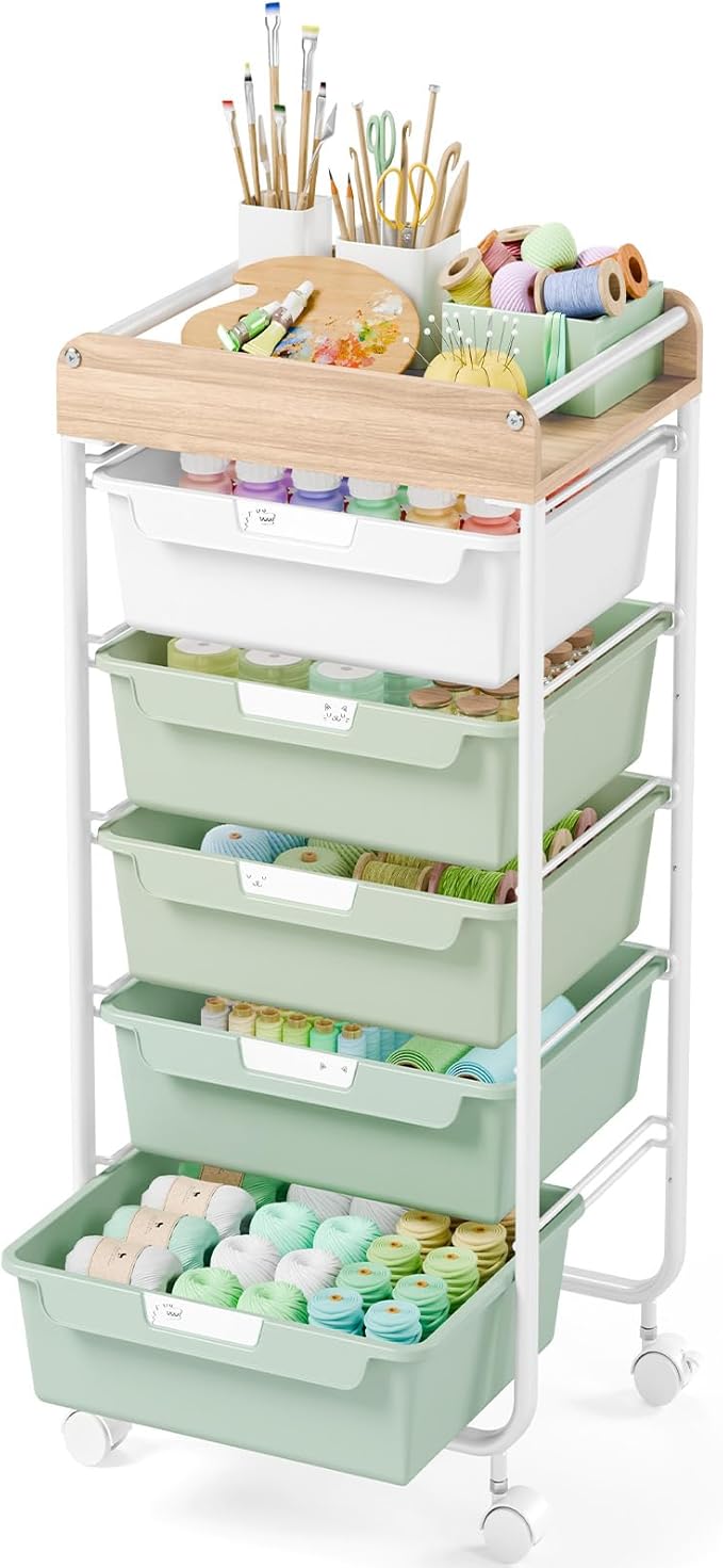 SYKIARIOL Rolling Storage Utility Cart with 5 Drawers,Craft Cart with Wheels,Makeup Organizer,Art Supply and Storage Wooden Tabletop,Green