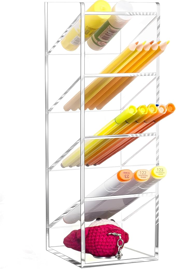 BEYGORM Acrylic Vertical Marker Organizer for 50 Markers with 5 Compartments, Clear Angled Pen & Pencil Holder, Large Desk Stationery & Art Supply Storage for Office & School (10.2 x3.3 x 4 Inch)