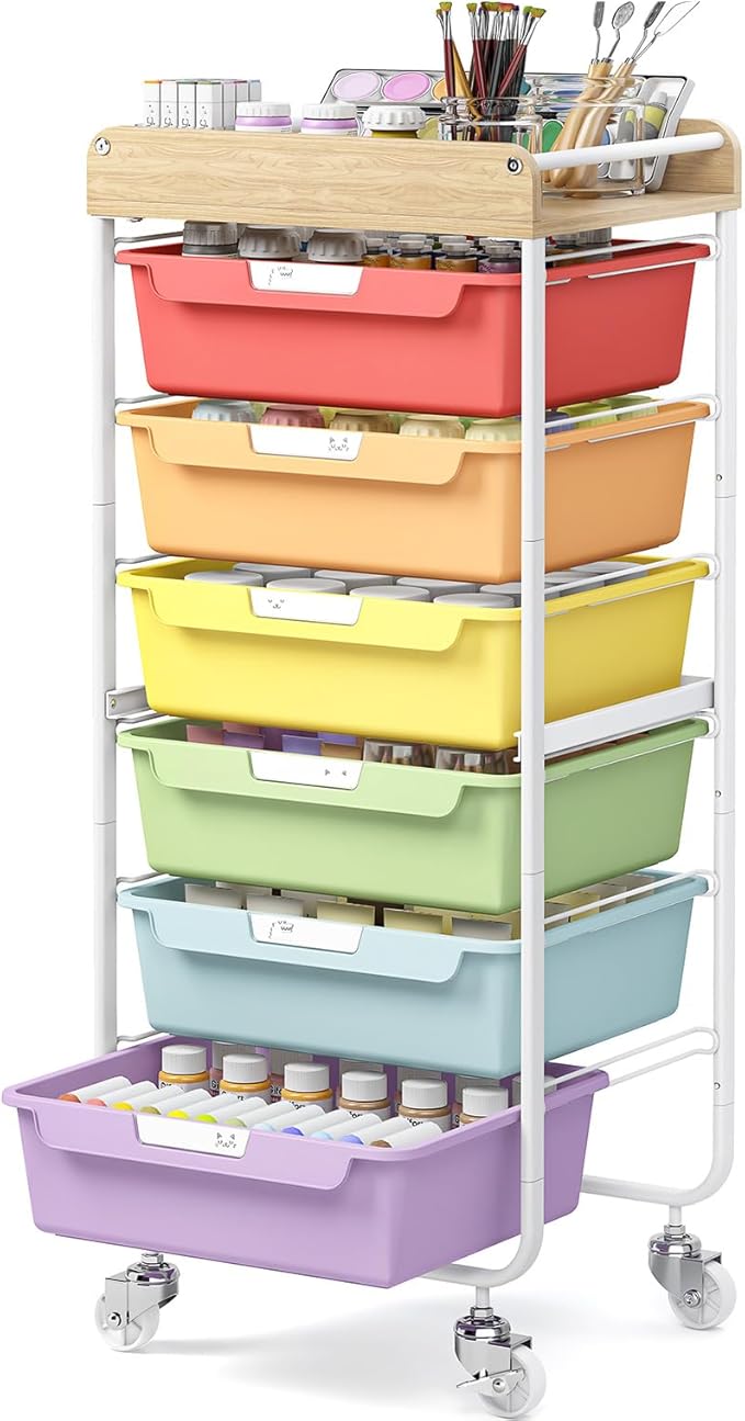 SYKIARIOL 6 Drawer Rolling Cart for Craft Storage,Utility Drawer Organizer with Handle and Wooden Top,Storage on wheels for Office,Classroom,Laundry,Garage,Snack,Art Supply