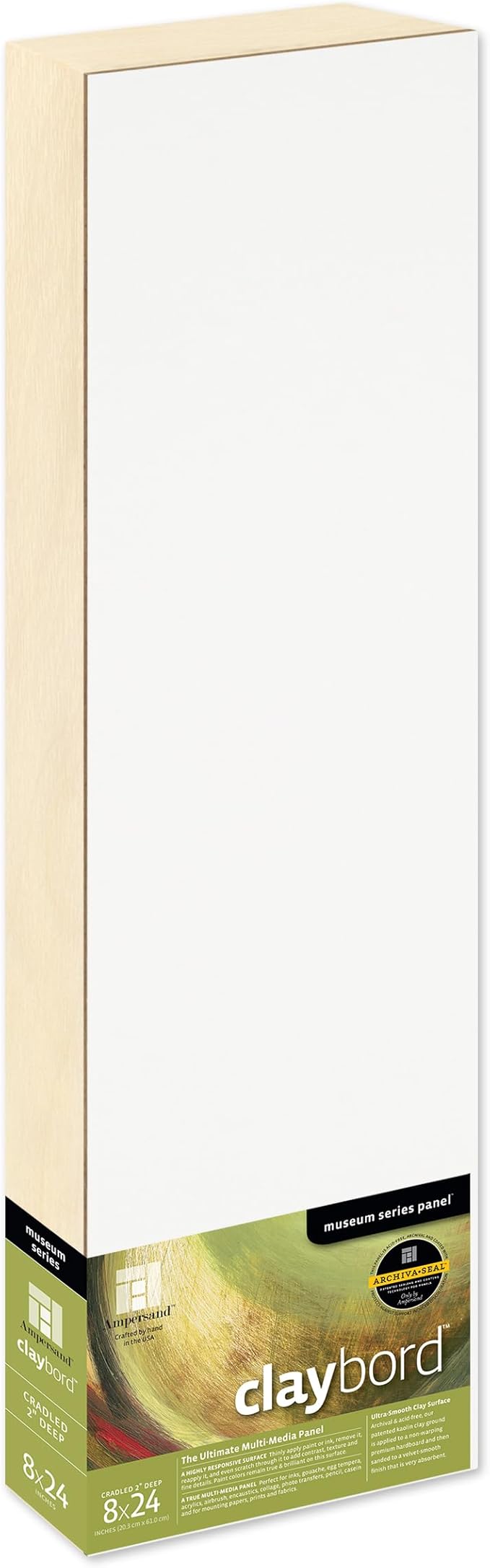 Ampersand Art Supply Claybord | 8" x 24" | 2" Cradled Profile | Kaolin Clay Painting Panel for Acrylic, Ink, Watercolor & Mixed Media | Canvas & Paper Alternative