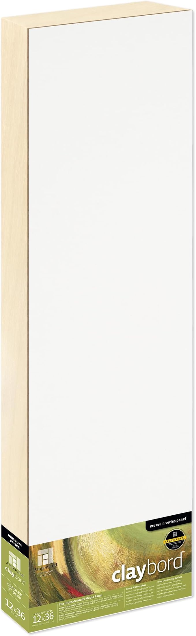 Ampersand Art Supply Claybord | 12" x 36" | 2" Cradled Profile | Kaolin Clay Painting Panel for Acrylic, Ink, Watercolor & Mixed Media | Canvas & Paper Alternative