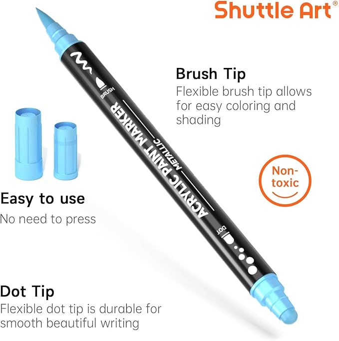 Shuttle Art 28 Metallic Colors Dual Tip Acrylic Paint Markers, Brush Tip and Dot Tip Acrylic Paint Pens for Rock, Ceramic, Wood, Canvas, Plastic, Glass, Stone, Calligraphy, Card Making, DIY Crafts