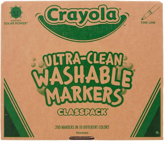 Crayola Ultra Clean Washable Markers Classpack (200ct), 10 Assorted Colors, Bulk Markers for Preschool, Kindergarten, Elementary Classrooms, Ages 3, 4, 5