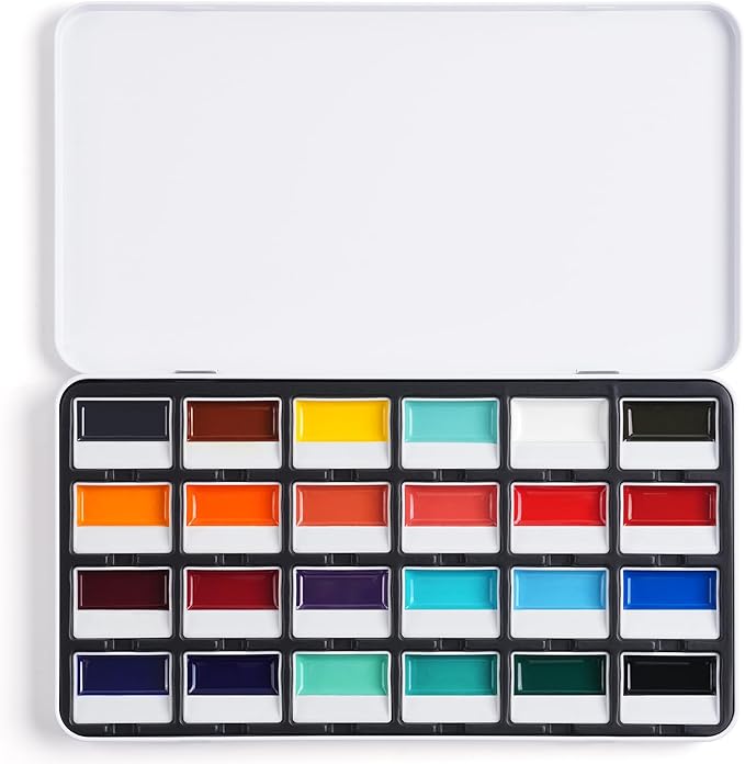 Fuumuui 24 Opaque Semi-Moist Watercolor Paint Set, Vivid Bright Professional Art Supplies with Strong Pigments & Coverage, for Artists Beginner Painters Amateur Hobbyists Painting