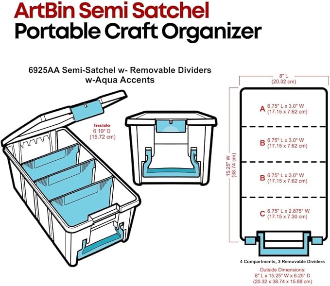 ArtBin 6925AA Semi Satchel with Removable Dividers, Portable Art & Craft Organizer with Handle, [1] Plastic Storage Case, Clear with Aqua Accents