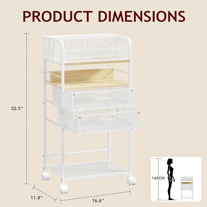 Homsorout Art cart, 5 Tier Rolling Cart - Utility Cart with Storage Drawer and Wheels, Versatile Art & Craft Organizer for Home, Office, or Studio Ideal for Storing Brushes, Paints （Maple）
