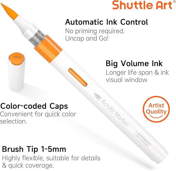 Shuttle Art Automatic Ink Control Acrylic Paint Markers, 36 Colors Brush Tip Acrylic Paint Pens for Rock Painting, Ceramic, Wood, Canvas, Glass, Stone, Fabric, Card Making, DIY Supplies, FlipFunAlong