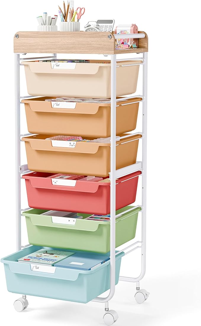 6 Drawer Rolling Cart for Craft Storage,Utility Drawer Organizer with Handle and Wooden Top,Storage on wheels for Office, Classroom,Laundry,Garage,Snack,Art Supply,Rainbow