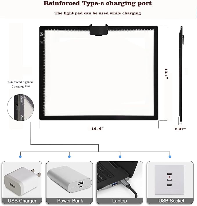 YINGWOND Rechargeable A3 LED Light Pad with Carry Bag, Adjustable Brightness Light Box with 3 Colors, Built-in Stand, 2500mAh Battery, Magnetic Clip, Light Board for Tracing Diamond Painting Sketching