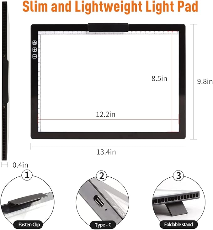 YINGWOND Rechargeable A4 LED Light Pad with Padded Case, Tracing Light Box w/Riser Stands and Paper Clip, 6 Levels of Brightness, Type-c Cable, Wireless Diamond Painting Light Board