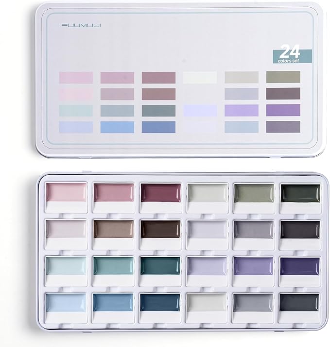 Fuumuui Watercolor Paint Set- 24 Color Opaque Semi-Moist Watercolor Paint, Gray Palette Sets Professional Adult Beginner Artist Supplies for Realistic Landscape Portrait Art Painting
