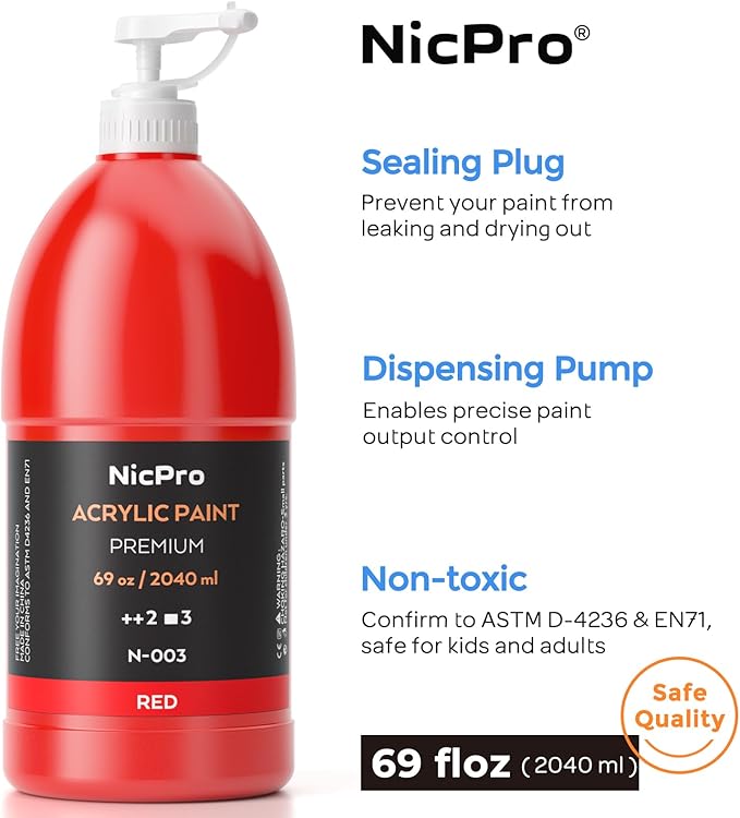 Nicpro 6 Colors Large Bulk Acrylic Paint Set (69 oz, 2040ml) Rich Art Painting Supplies Non Toxic for Multi Surface, Canvas, Wood, Leather, Fabric Stone Craft, for Kid & Adult with Pump, Color wheel