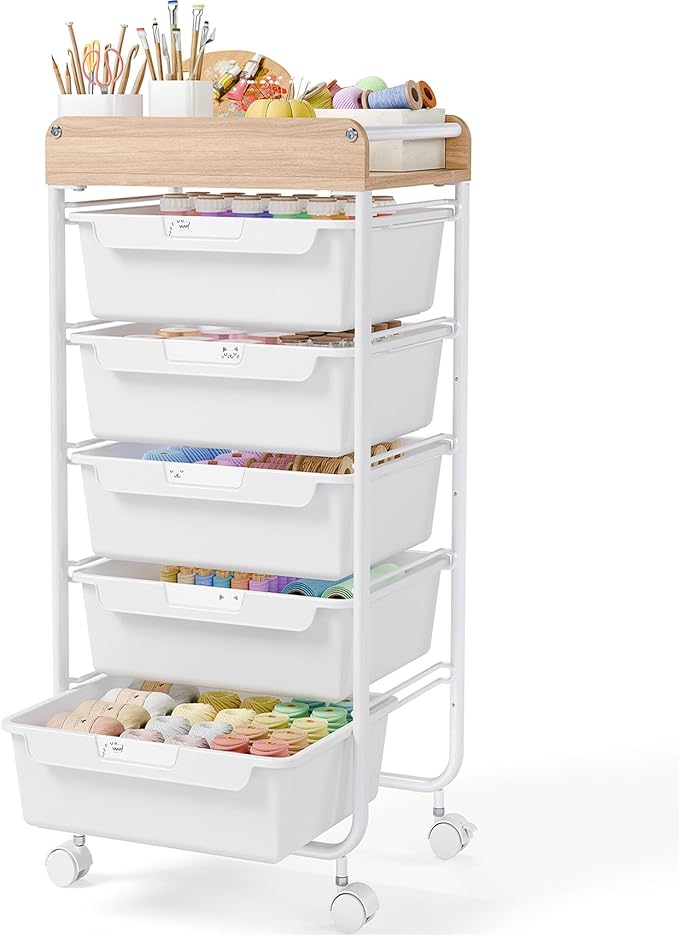 Utility Cart with Drawers,Craft Cart with 5 Drawers,Art Supply Organizer,Rolling Drawer Cart,Craft Storage Cart,Storage Drawer Carts With DIY Lable and Wooden Tabletop Area,White