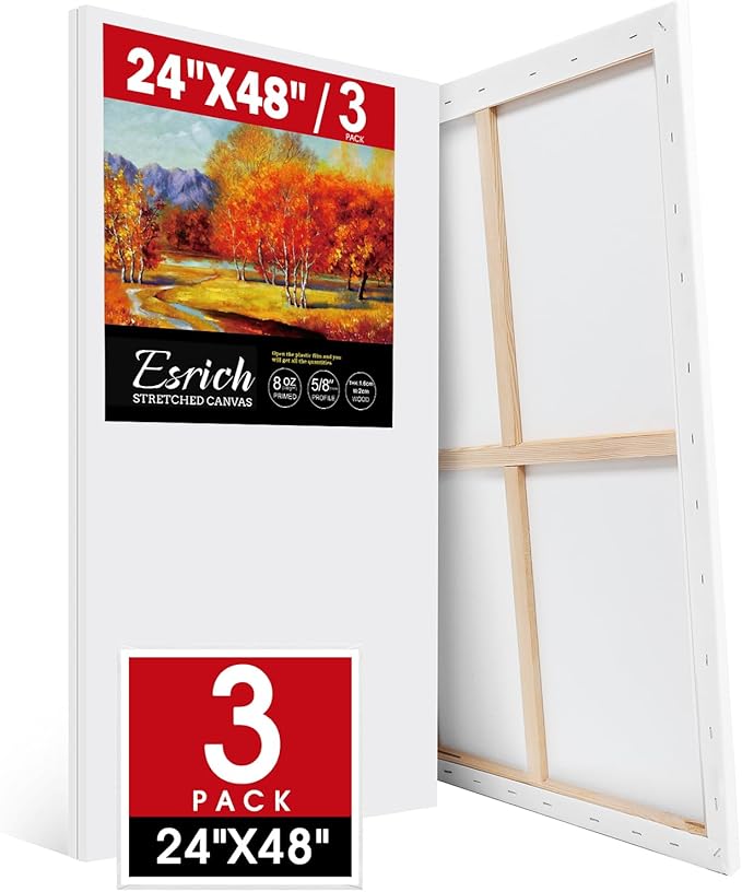ESRICH Long Canvas for Painting 24x48 Inch, 3Pack Stretched Canvas for Painting, Primed Acid-Free Cotton Rectangular Blank Canvases, Art Paint Canvases for Oil,Watercolor,Acrylic Paint,Gouache