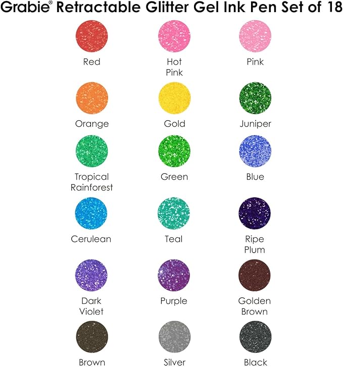 Grabie Glitter Gel Pens, 18 Colors Glitter Gel Pens Set, Retractable Sparkle Gel Ink Pens for Coloring Books, Journaling, Drawing, Scrapbooking & DIY Crafts, Smooth Writing Art Pens for Creative Work