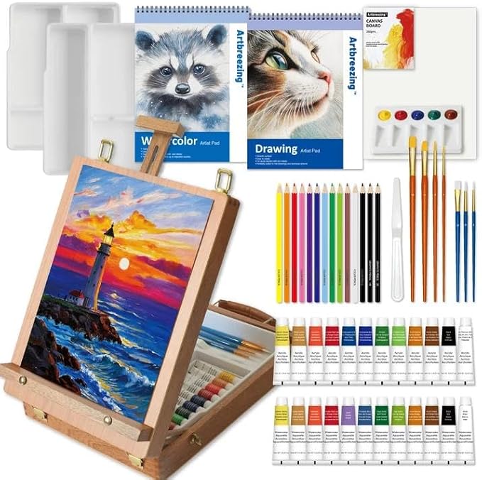 Mixed Media Art Set,55 Pack Painting Supplies Kit with Tabletop Sketch Box Easel and Various Accessories,Complete Painting Set for Students Artists Beginners
