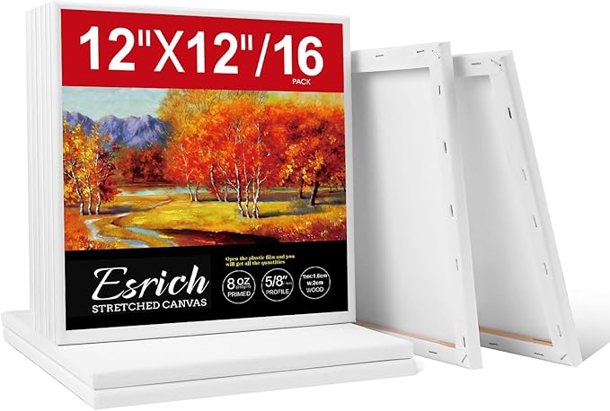 ESRICH Stretched Canvas for Painting 12x12 Inch, 16 Pack Painting Square Canvas Bulk-5/8 in Profile Primed Cotton White Blank Canvases for Painting for Oil & Acrylic Paint