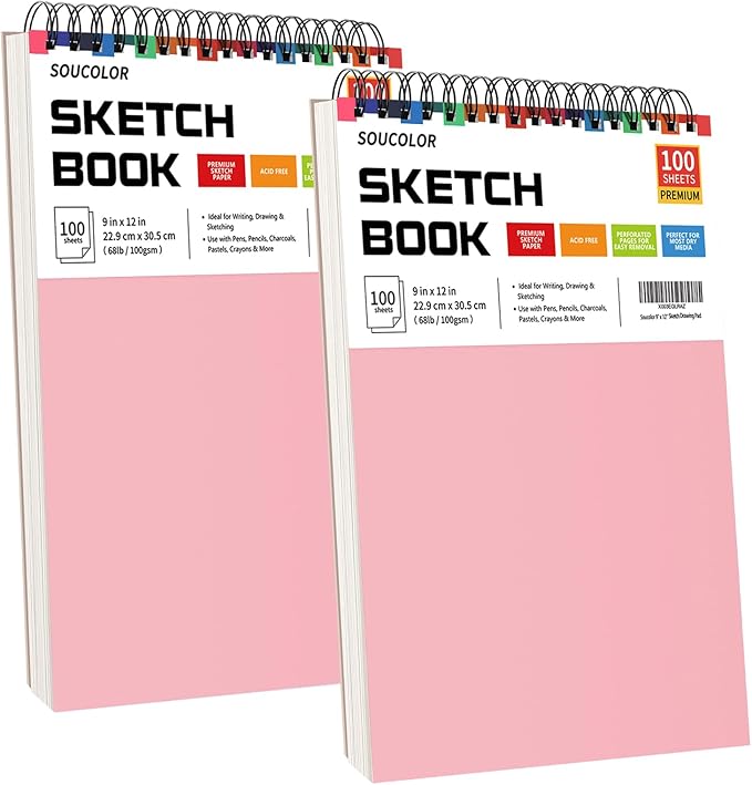 Art Supply Set - Sketching & Drawing Kit, Sketchbook Art Paper for Adult Artists, Soucolor 9" x 12" Sketch Book, 2 Pack 100 Sheets Spiral Bound Sketchbook, Acid Free