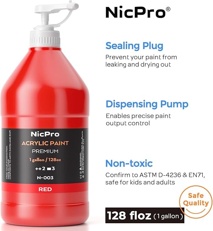 Nicpro 6 Colors Large Bulk Acrylic Paint Set (128 oz, 1 Gallon) Rich Art Painting Supplies Non Toxic for Multi Surface, Canvas, Wood, Leather, Fabric Stone Craft for Kid & Adult with Pump, Color wheel