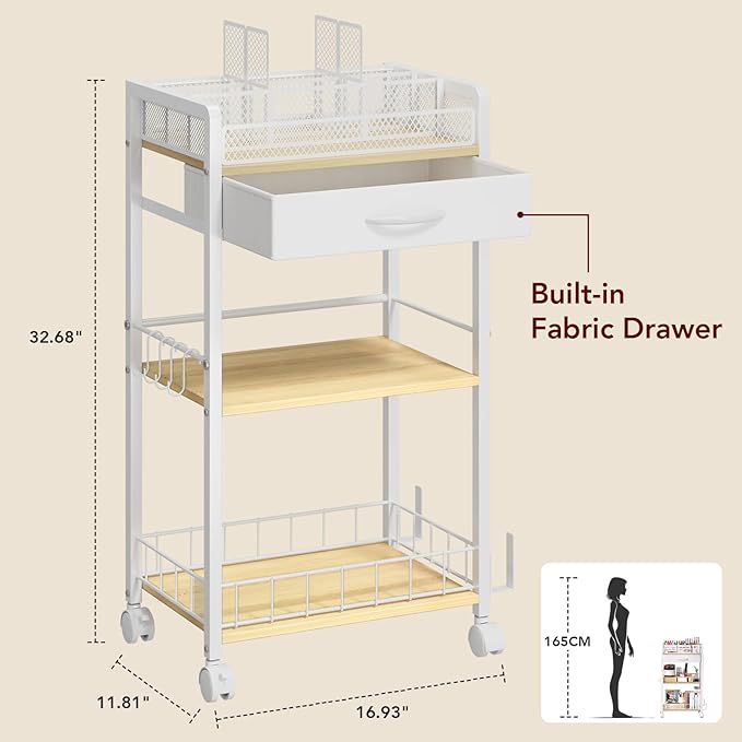 Homsorout 3 Tier Rolling Cart - Metal Utility Cart with Storage Drawer and Wheels, Versatile Art & Craft Organizer for Home, Office, or Studio Ideal for Storing Brushes, Paints, and Supplies White