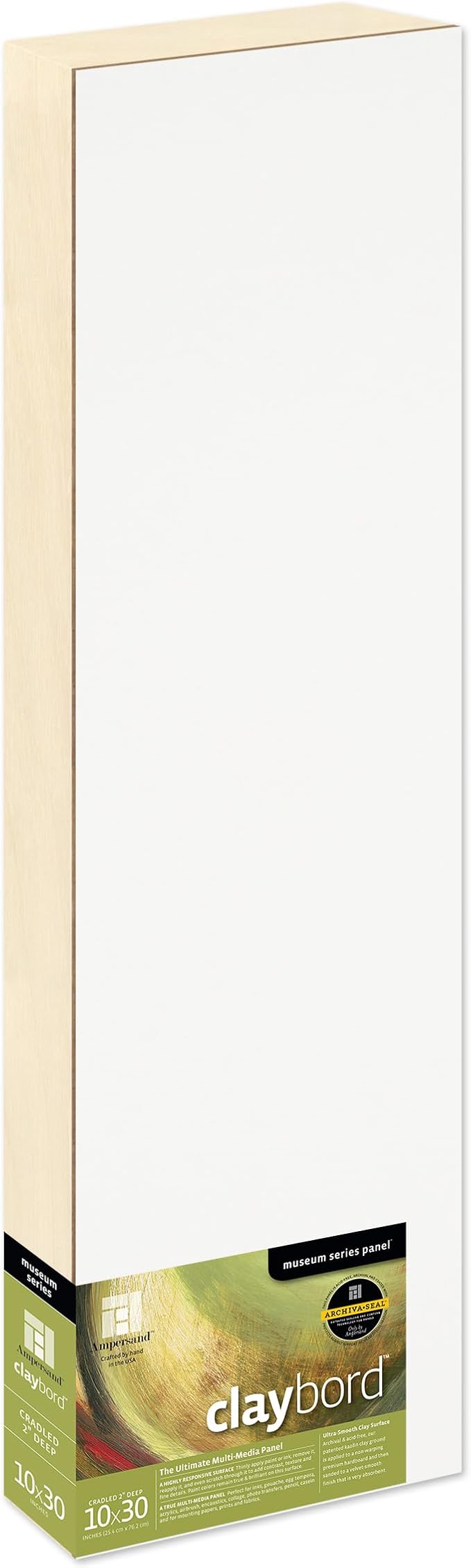 Ampersand Art Supply Claybord | 10" x 30" | 2" Cradled Profile | Kaolin Clay Painting Panel for Acrylic, Ink, Watercolor & Mixed Media | Canvas & Paper Alternative