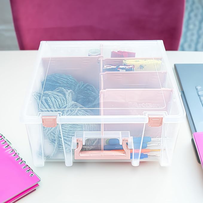 ArtBin 6990RK-AMZ Super Satchel Double Deep Compartment Box - Art Storage with 8 Removable Compartments, Smart Closure for Craft Supplies (Rose Gold - Pack of 3)