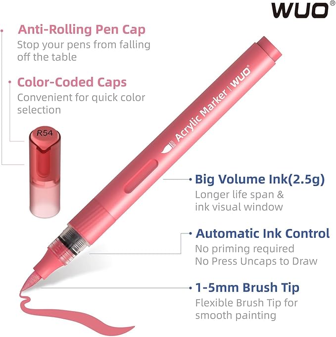 WUO 60 Colors Acrylic Paint Markers, High Opacity Automatic Ink Control Brush Tip Pens, Water-Based No-Bleed Markers for Rock, Canvas, Wood, Glass, Ceramic, and DIY Art Supplies