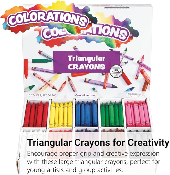 Colorations Large Triangular Crayon Classroom Pack, 16 Colors, 20 of Each, Set of 200, Shape is Easier to Hold & Grip, Glide Easily, Kids School Supplies