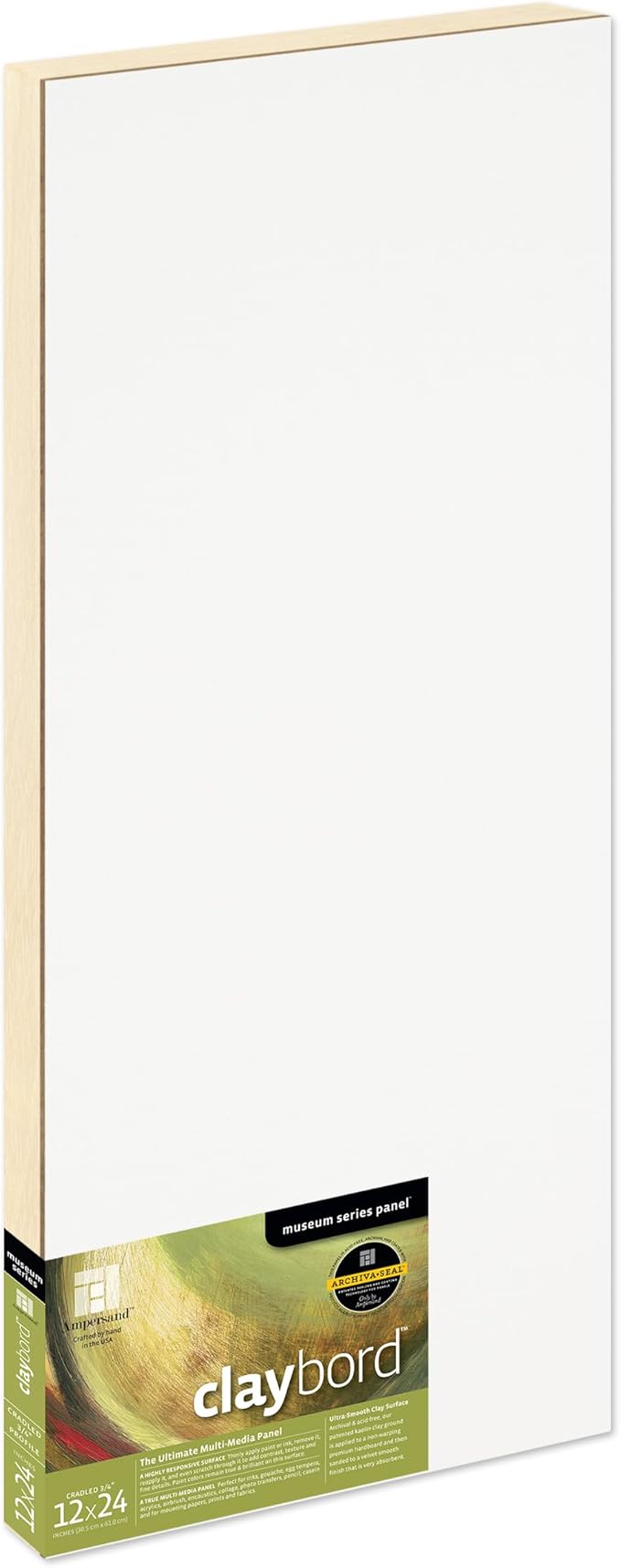 Ampersand Art Supply Claybord | 12" x 24" | 3/4" Cradled Profile | Kaolin Clay Painting Panel for Acrylic, Ink, Watercolor & Mixed Media | Canvas & Paper Alternative