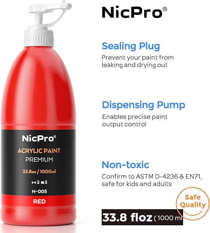 Nicpro 14 Colors Large Bulk Acrylic Paint Set (33.8 oz, 1000 ml) Rich Art Painting Supplies, Non Toxic for Multi Surface Canvas Wood Leather Fabric Stone Craft, for Kid & Adult with Pump, Color Wheel