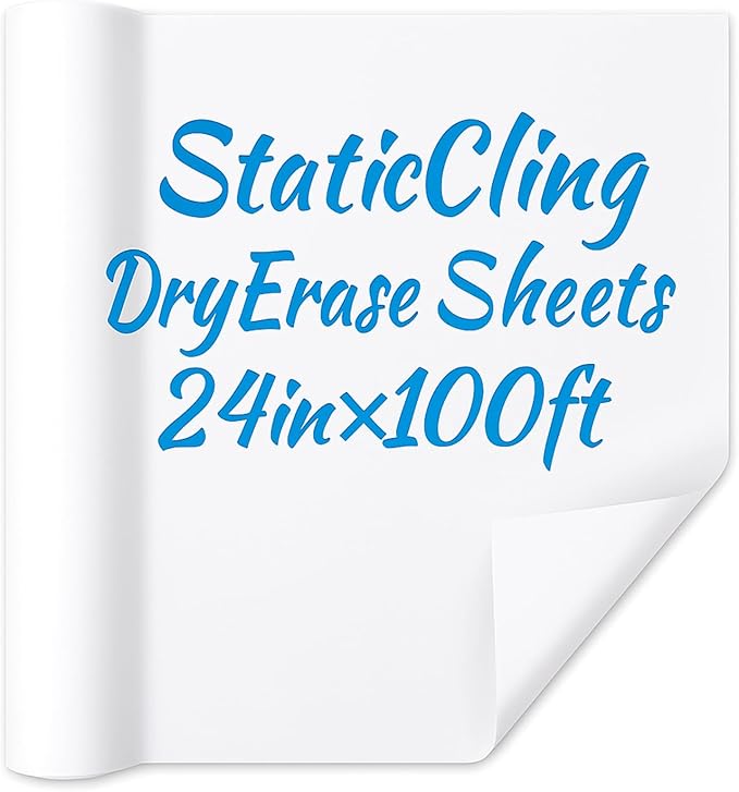 24in x 100ft Static Cling White Board Dry Erase Wallpaper Sticker, Removable Reusable Whiteboard Paper for Wall, No Adhesive No Residue, Stain-Proof White Board Dry Erase Roll for Office, Classroom