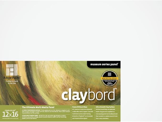 Ampersand Art Supply Claybord | 12" x 16" | 3/4" Cradled Profile | Kaolin Clay Painting Panel for Acrylic, Ink, Watercolor & Mixed Media | Canvas & Paper Alternative