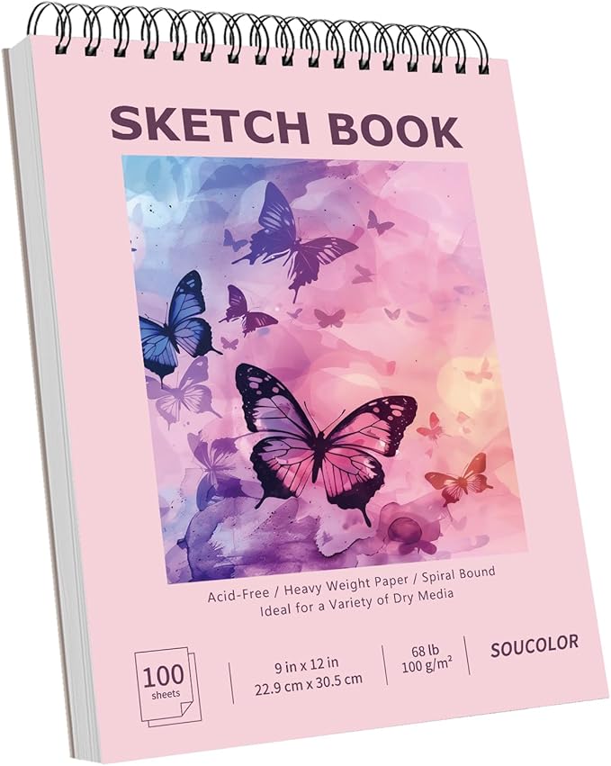 Soucolor 9" x 12" Cute Sketch Book, Aesthetic Cute Preppy Stuff School Supplies, 1-Pack 100 Sheets Spiral Bound Girls Sketchbook, (68lb/100gsm) Acid Free Drawing Book Paper Sketching Pad