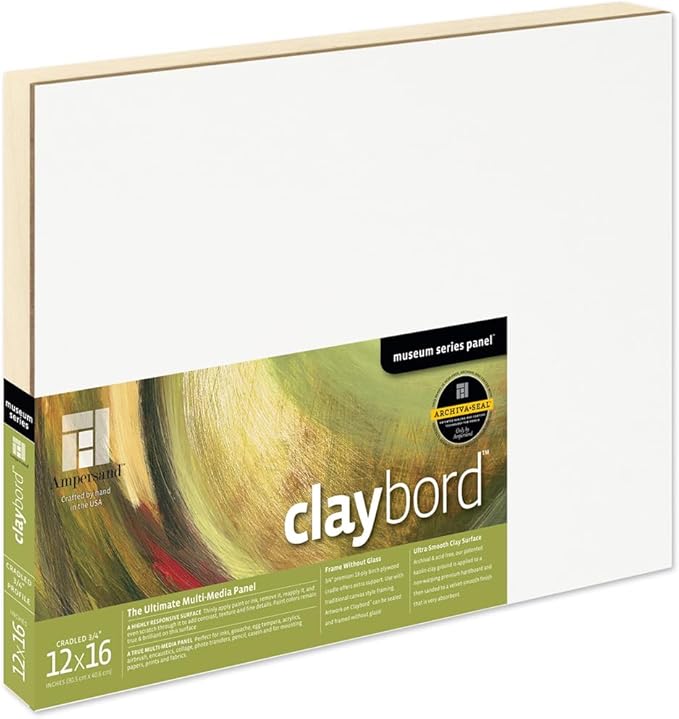 Ampersand Art Supply Claybord | 12" x 16" | 3/4" Cradled Profile | Kaolin Clay Painting Panel for Acrylic, Ink, Watercolor & Mixed Media | Canvas & Paper Alternative